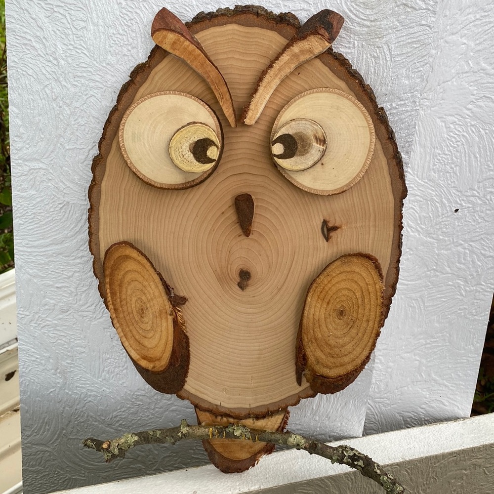Handcrafted wood Owl. Indoor/outdoor. 10”W x 13”H